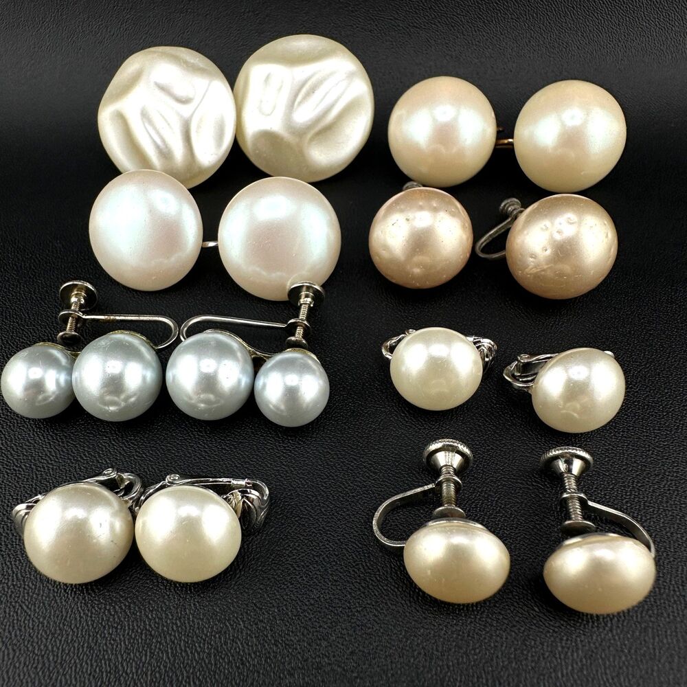 Vintage Faux Pearl Earrings Lot Round Some Signed 1 Sterling Clip On Screw Back